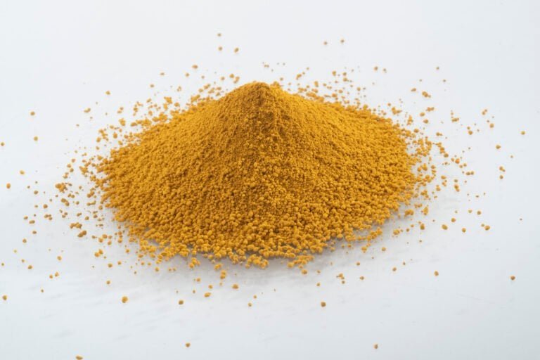 Yellow iron oxide pigment powder for industrial use.